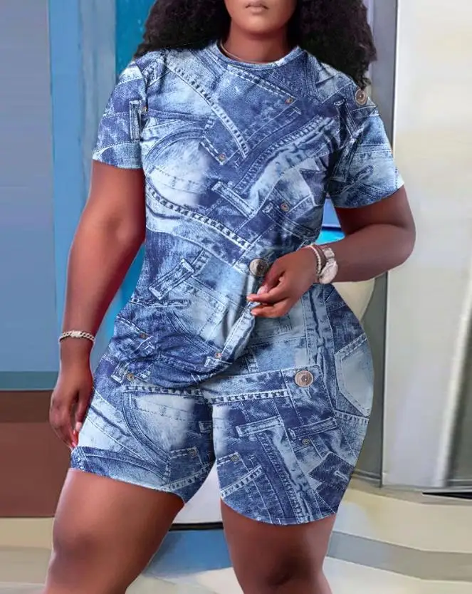 Plus Size Women's Two Piece Daily Casual Summer Baroque Denim Look Print Round Neck Short Sleeve Tee Top and Skinny Shorts Set