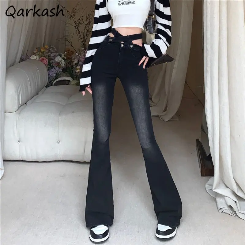 

Flare Jeans Women Washed Hollow Out Skinny High Street Full Length Y2k Clothes Vintage Denim Trousers Джинсы All-match Ulzzang