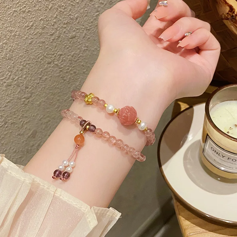 New Chinese Sweet Fresh Fairy Style Strawberry Quartz Thin Double Ring Bracelet Gentle Temperamental Minority Lotus Bracel