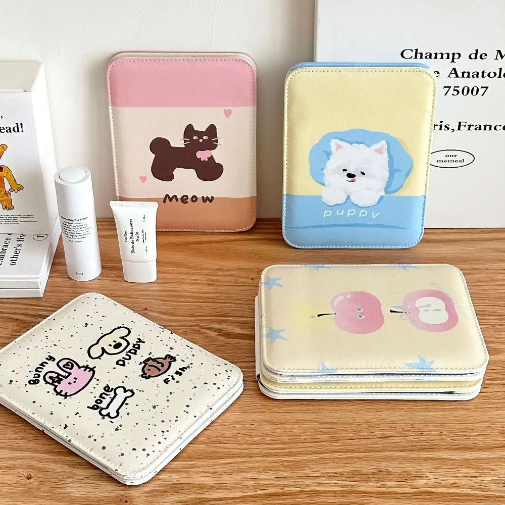 Small Pu Leather Desktop Stand Mirror Cartoon Puppy Cat Fold Makeup Mirror Delicate Flower Vanity Mirror Dormitory