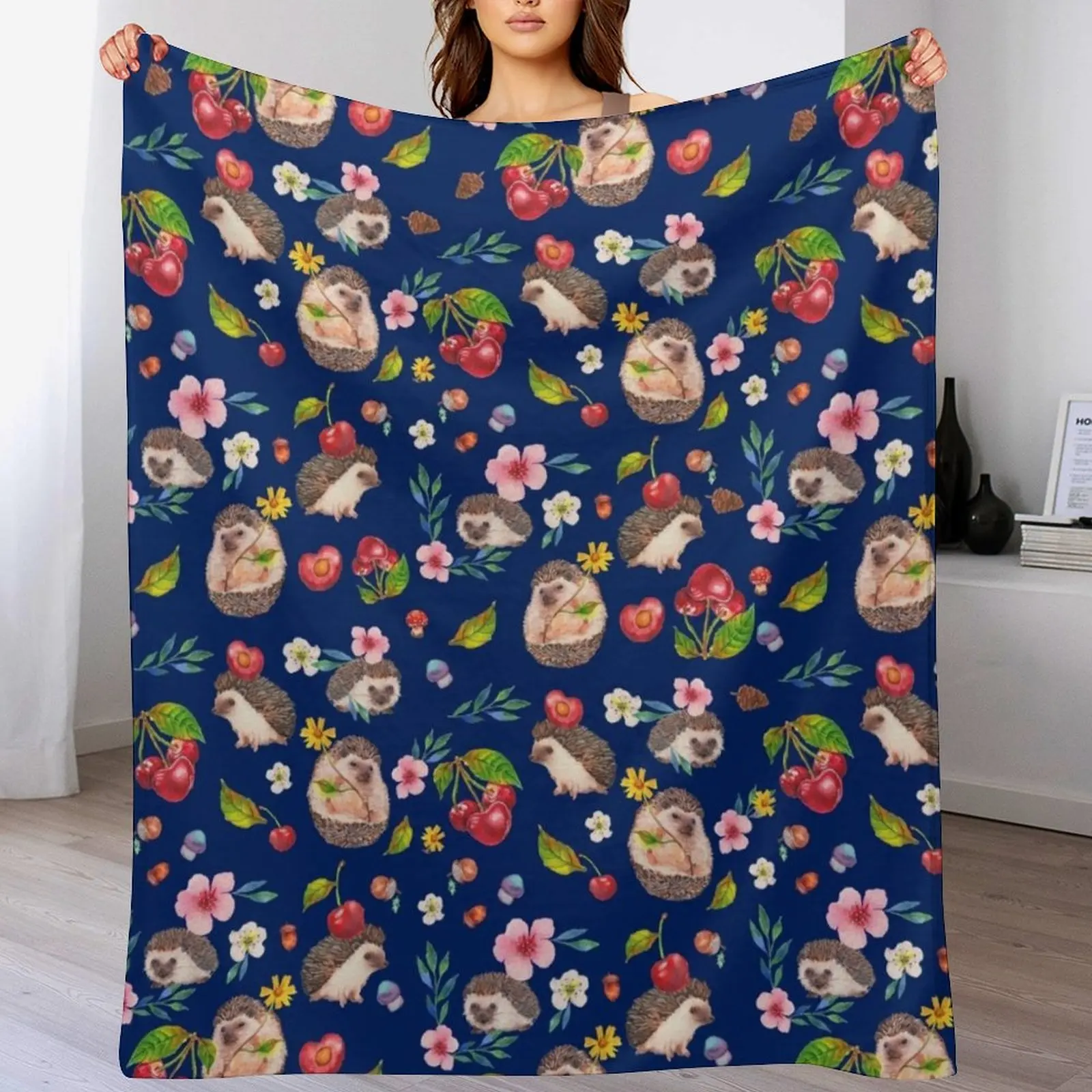 

Hedgehog with cherries Throw Blanket Outdoor Soft Blanket for Picnic Beach Camping