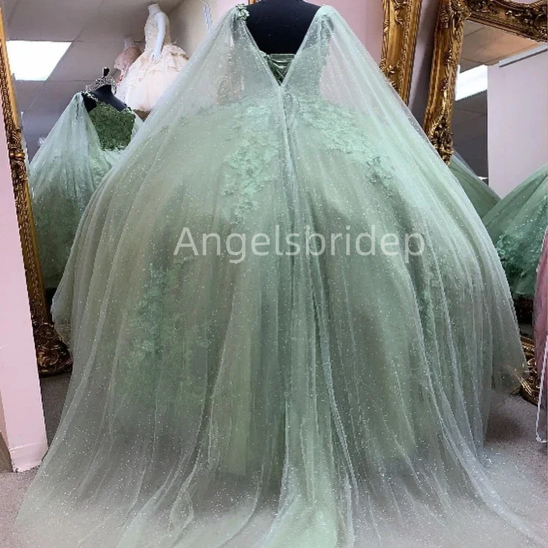 Зеленое бальное платье Angelsbridep с изображением шалфея, платья для Quinceanera, для выпускного вечера, ярко-зеленое платье для вечеринки с объемной цветочной накидкой