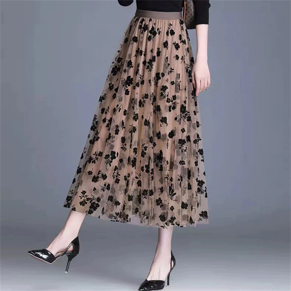 Korean Elegant Ladies Fashion Lace Flower Print Patchwork A-line Skirt Summer High Waist Solid Color Vintage Skirt Women Clothes