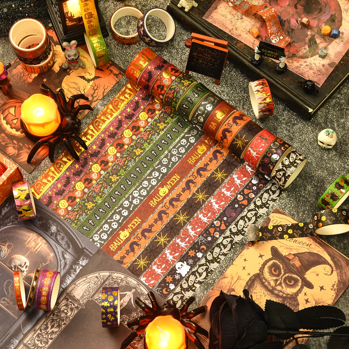 17 لفة/صندوق، شريط واشي رائع بنمط الهالوين، تصميم عملية برونزية مبتكرة، لتزيين حفلات الهالوين بنفسك