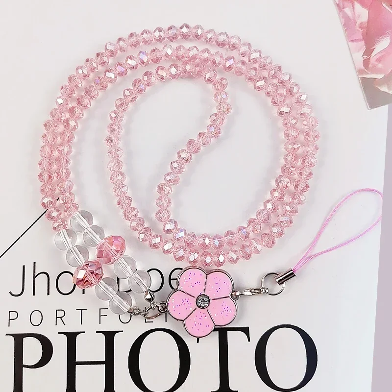 Cordón para teléfono móvil, escote largo, colgante de cuentas de cristal, exquisito colgante de flor de cerezo con cuentas a mano para mujer, colgante sin escote