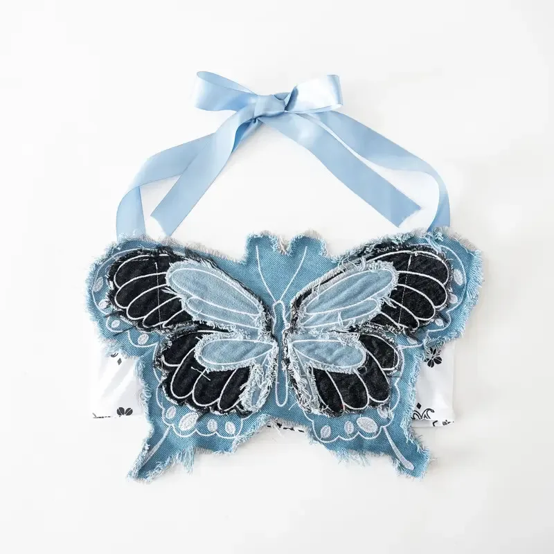 

COSda@Girl Hip Hop Clothing Denim Blue Butterfly Crop Tank Patch Ripped Jeans Pants Skirt for Jazz Dance Kid Costume ClothesCOSd