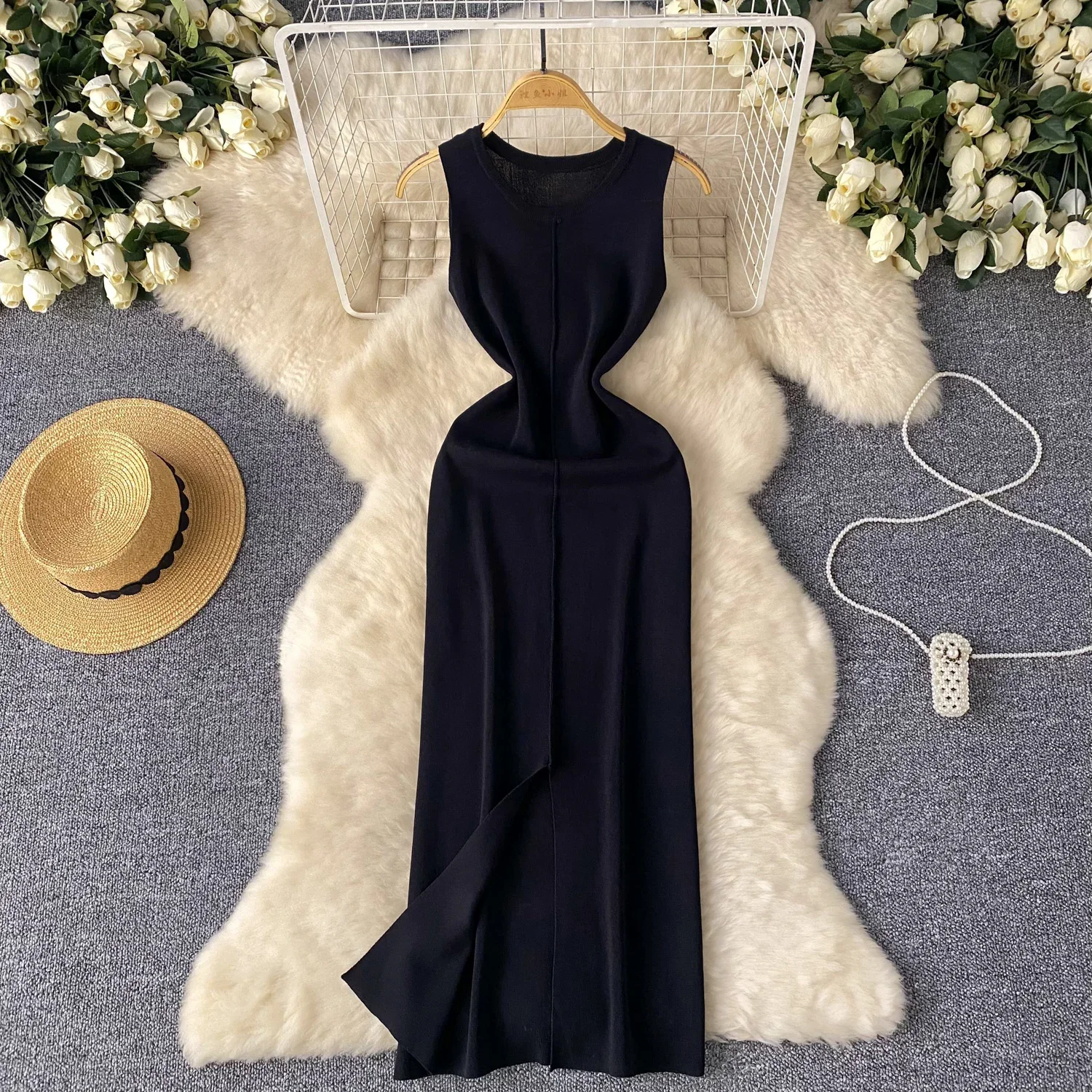 2025 Nieuwe sexy chique zoete o-hals mouwloze split gebreide jurk vintage elegante mode feest slanke zomer a-lijn jurken