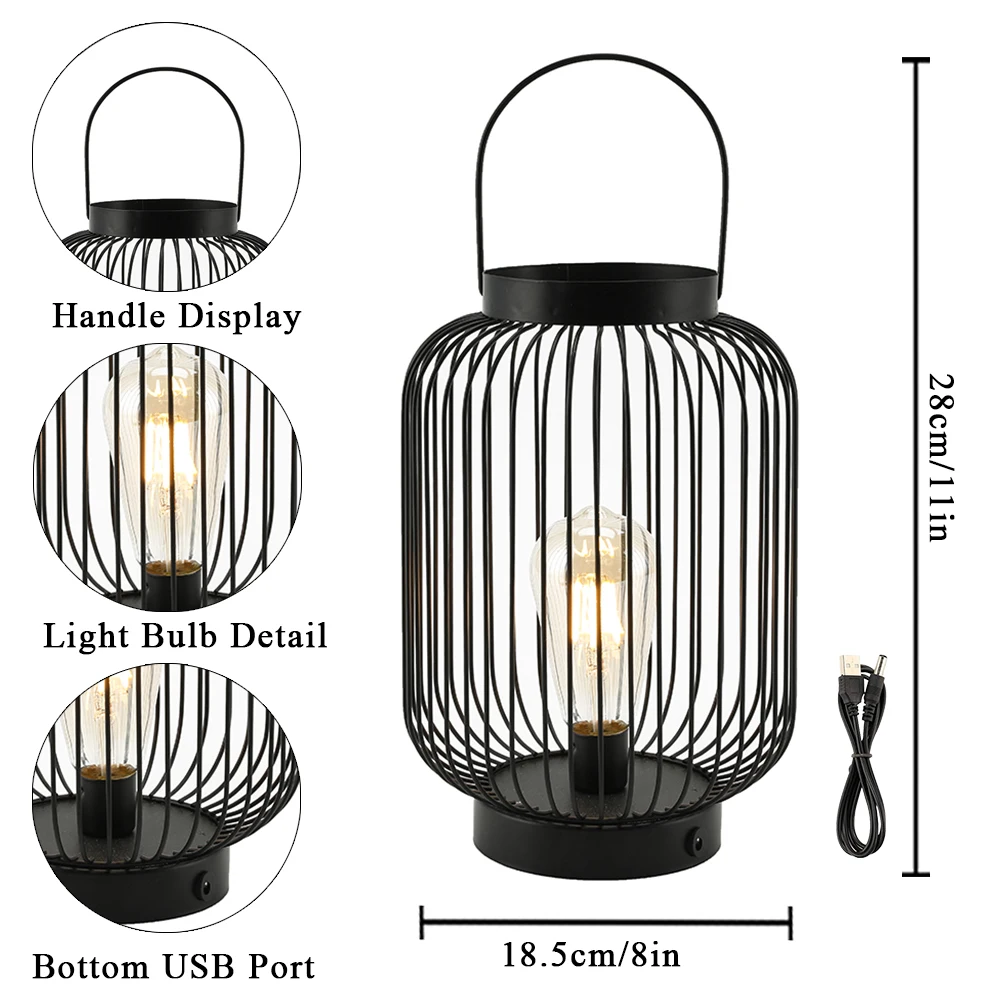 Metal Cage Table Lamp Battery Powered Cordless Hanging Lamp  with 1M USB Power Connection for Home Weddings Parties Decoration