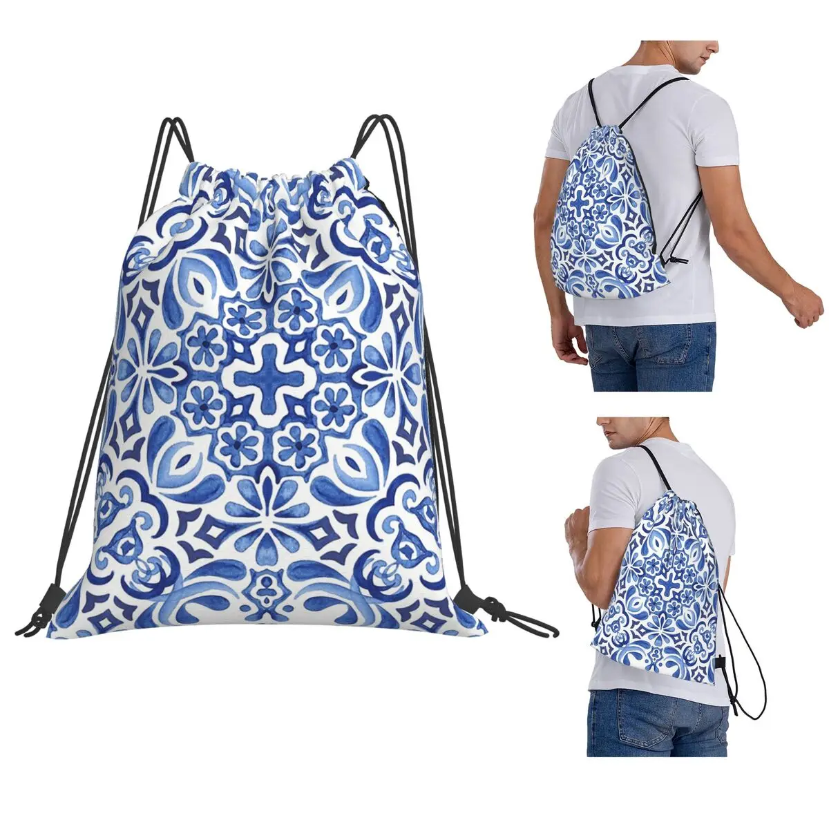Mediterranean Mosaic Tiles Azulejos Backpacks Casual Drawstring Bundle Pocket Sports Bag Book Bags for Travel School