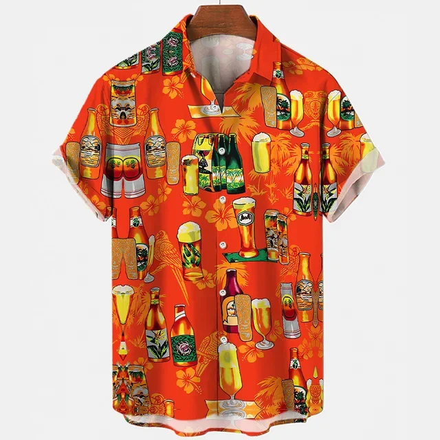 Beer Festival Harajuku Shirts For Men 3D Print Short Sleeve Tees Summer Hawaiian Beach Style Single-Breasted Tops Lapel Shirts
