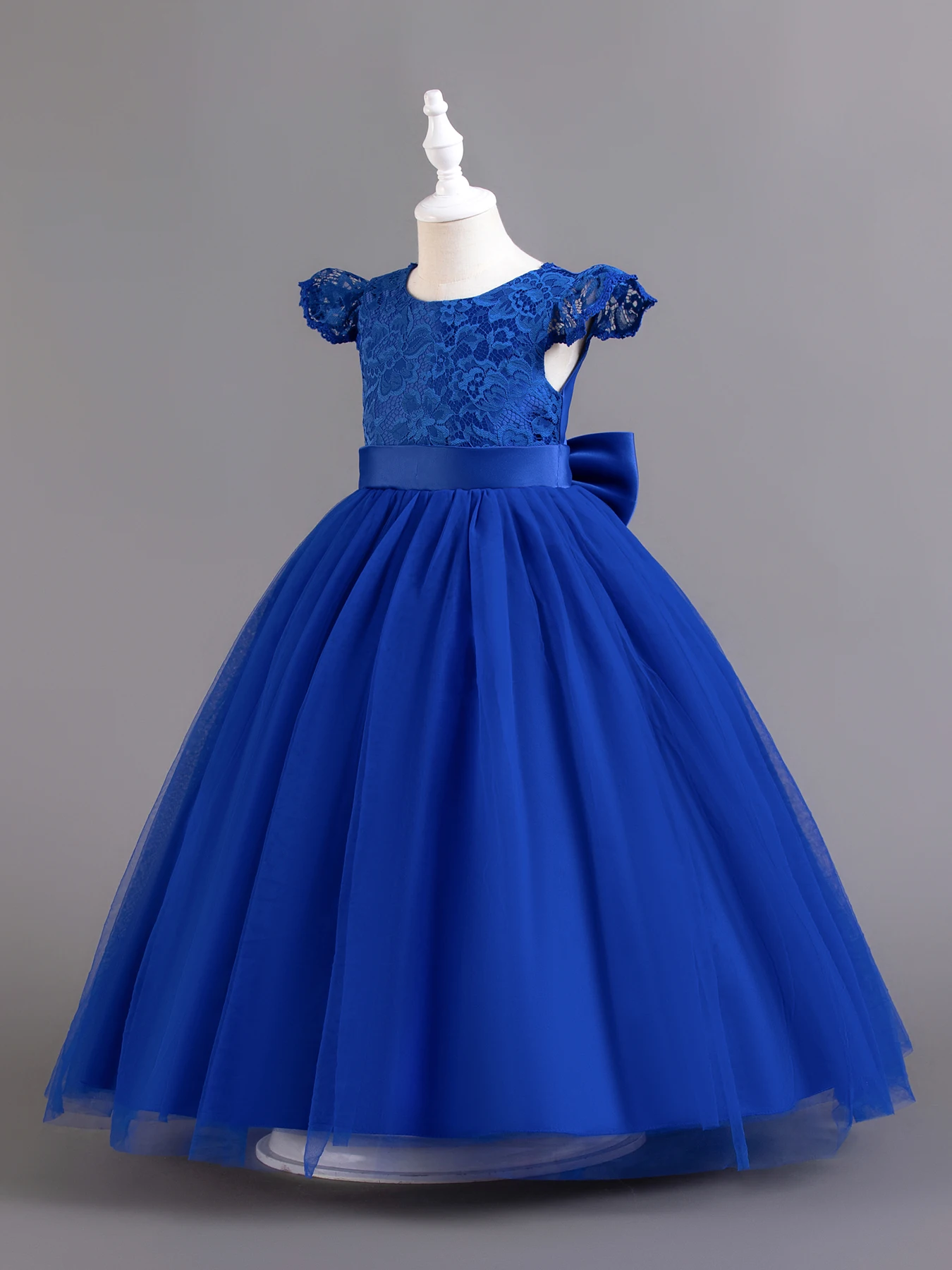 Blue colored lace child princess dress, little girl runway, piano performance Wear flower boy big bow long dress