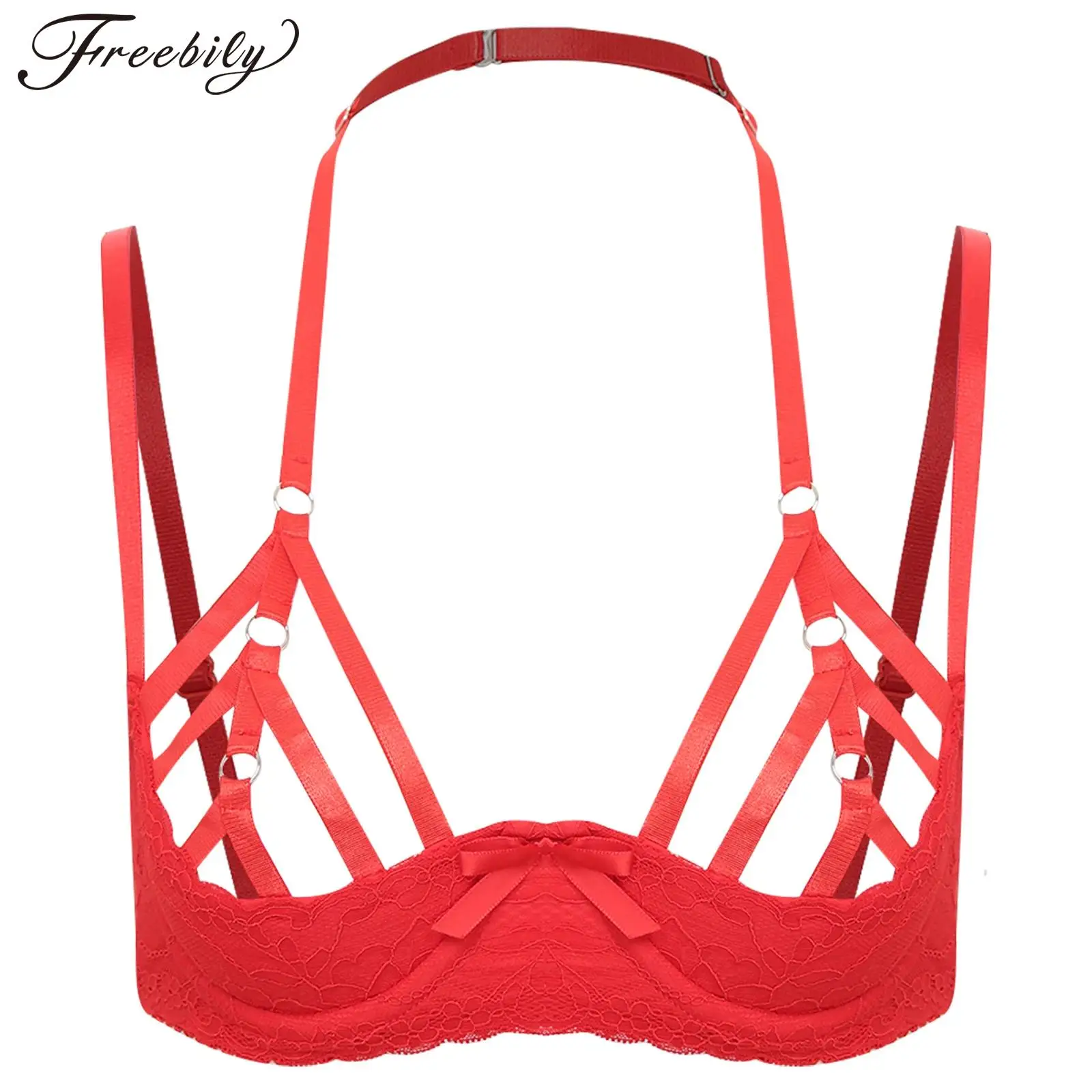 

Womens Lingerie Sexy Hollow Out Brassiere Underwear Halter Strappy 1/3 Padded Cup Bow Lace Push Up Underwire Balconette Bra Tops