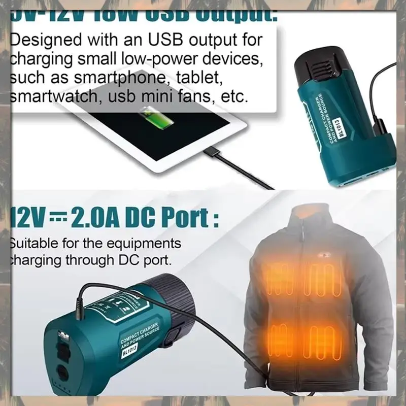 

Multifunction 10.8V-12V Lithium Battery Charing For USB Adapter Heated Jackets For BL1013 Battery