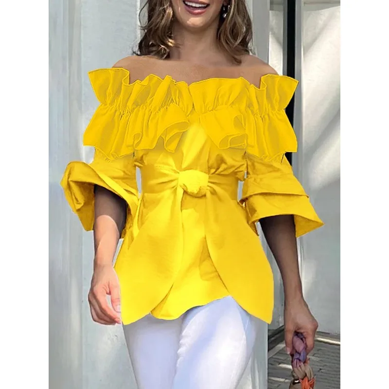 

Желтая женская блузка с открытыми плечами, 2025 г., 100% хлопок, многоуровневые складки, на шнуровке, с бантом, расклешенными рукавами, вечерние элегантные рубашки, топы 179778