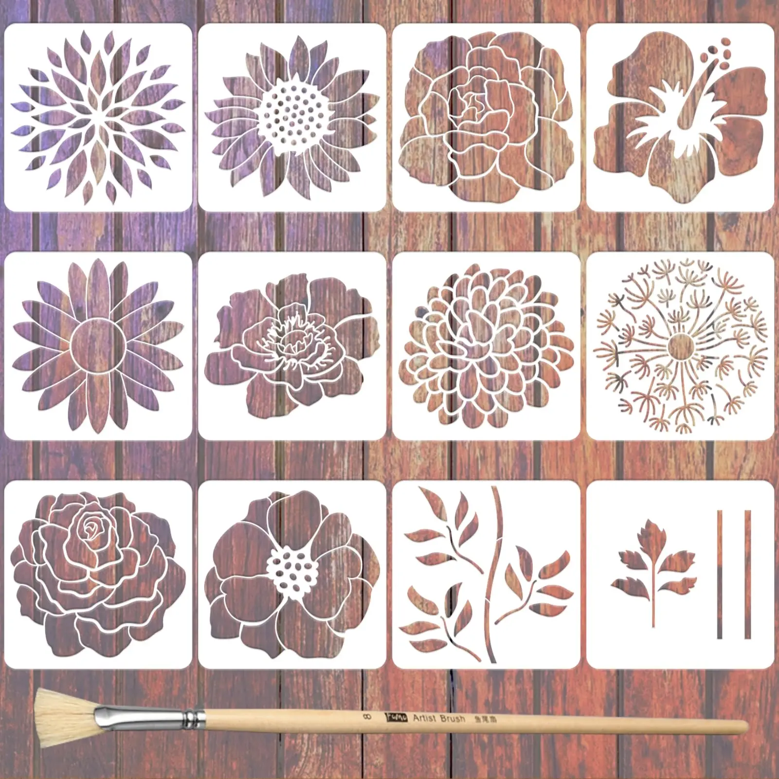 

12PCS Large 11.8x11.8inch Floral Stencil Template Flower Painting Stencil for Wall Floor Furniture DIY Home Decor