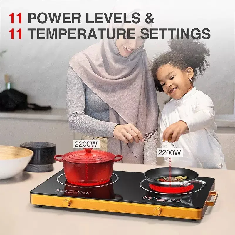 Double Burners Electric Ceramic Cooktop, 11 Power Levels Dual Infrared Stove with Independent Control