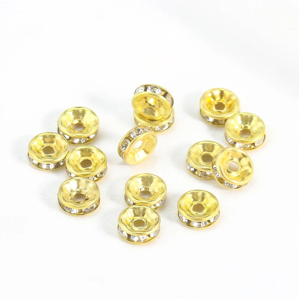 10pcs Sparkling Gold Color Rhinestone Glass Through Hole Round Bead Spacer Jewelry Accessory DIY Necklace Material Supplies