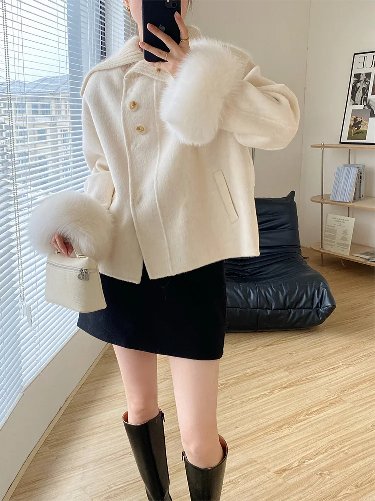 أزياء الشتاء الدافئة الطبيعية الحقيقية الفراء الثعلب معطف الفرو الكشمير الصوف الصوفية المرأة سترة عارضة أبلى معطف الإناث