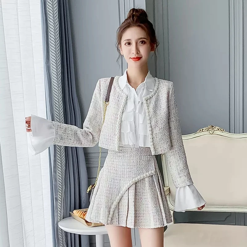 Fashion Leisure Suit Women\'s Spring  Autumn 2025 New Tweed Coat+Pleated Skirt Two-Piece Female Korean Loose Long-Sleeved Suits