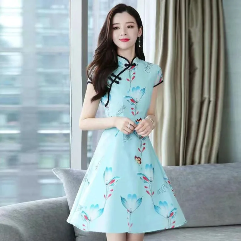 

2024 Summer New Retro Improved Cheongsam Print Temperament Dress Women Chinese Style Slim Slim Fresh Fairy Skirt