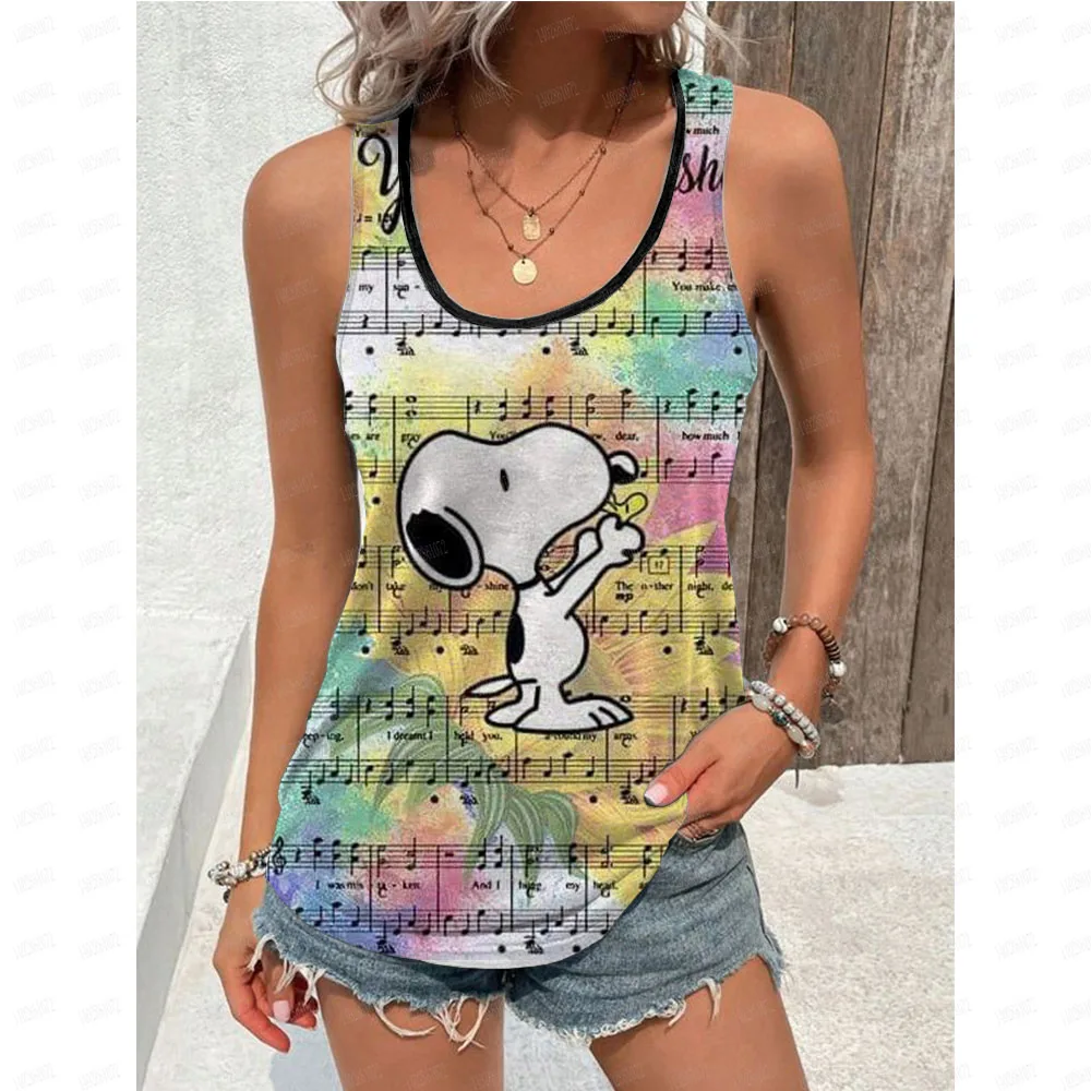 Blusa feminina preta camisas e blusas dos desenhos animados snoopy impressão sem mangas topos solto decote em v pulôveres verão jovem mulher roupas