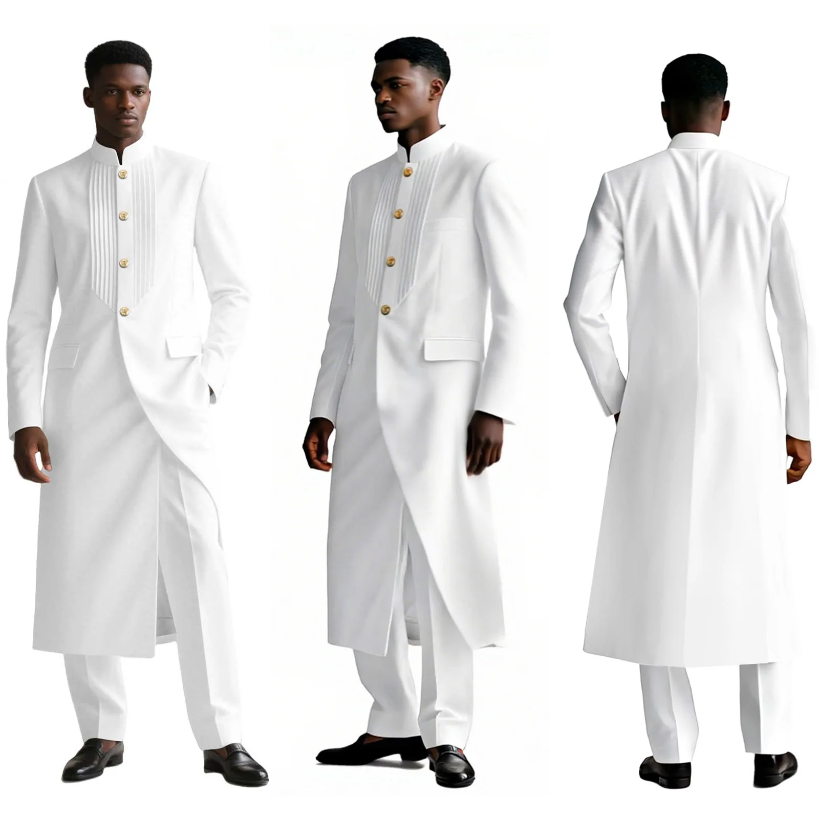 

DBQ Men's African Suit Slim Fit 2 Pieces Solid Single Breasted Brooch Business Suits Long Jacket+Slim Pants for Wedding Clothes