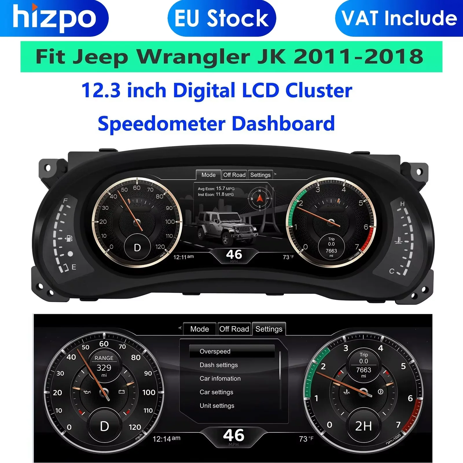 12.3 Inch 1920*720 Car Multimedia Screen for Jeep Wrangler 2011-2018  Cluster Speedometer Dashboard Panel Digital LCD Instrument