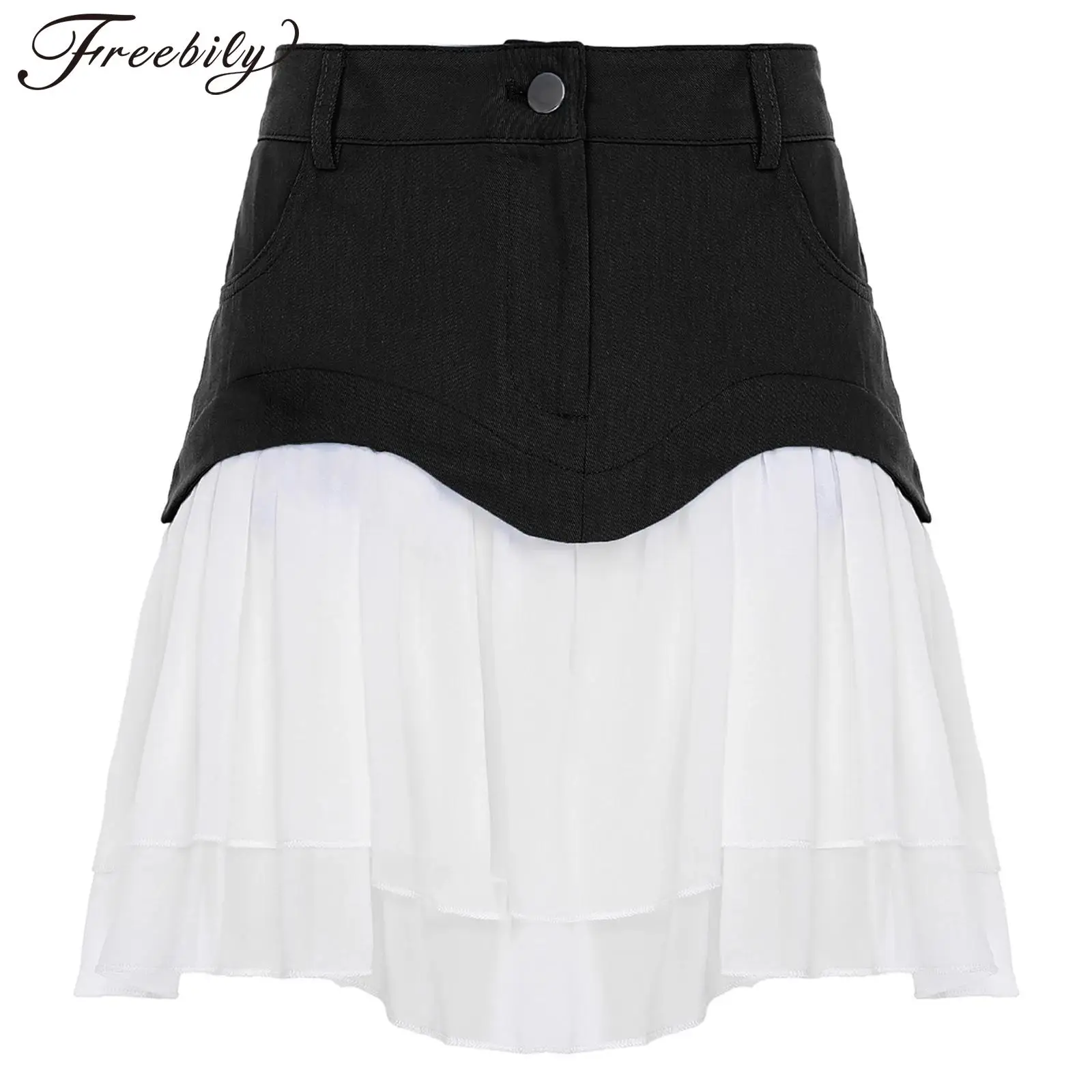 

Womens Summer Skirts Stylish Contrast Color Mini Skirt Pleated Casual Woman's Clothes Chiffon Hem Irregular Patchwork Skirt