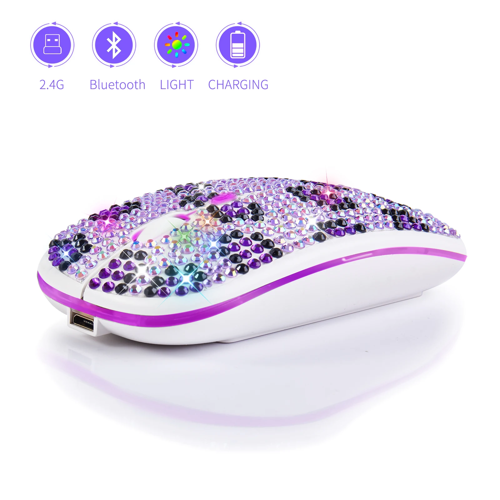 Wireless Bluetooth Mouse with Ancient Diamond Inlay Transparent Lightweight Ergonomic Dual-Mode Charging Mouse for Office Use