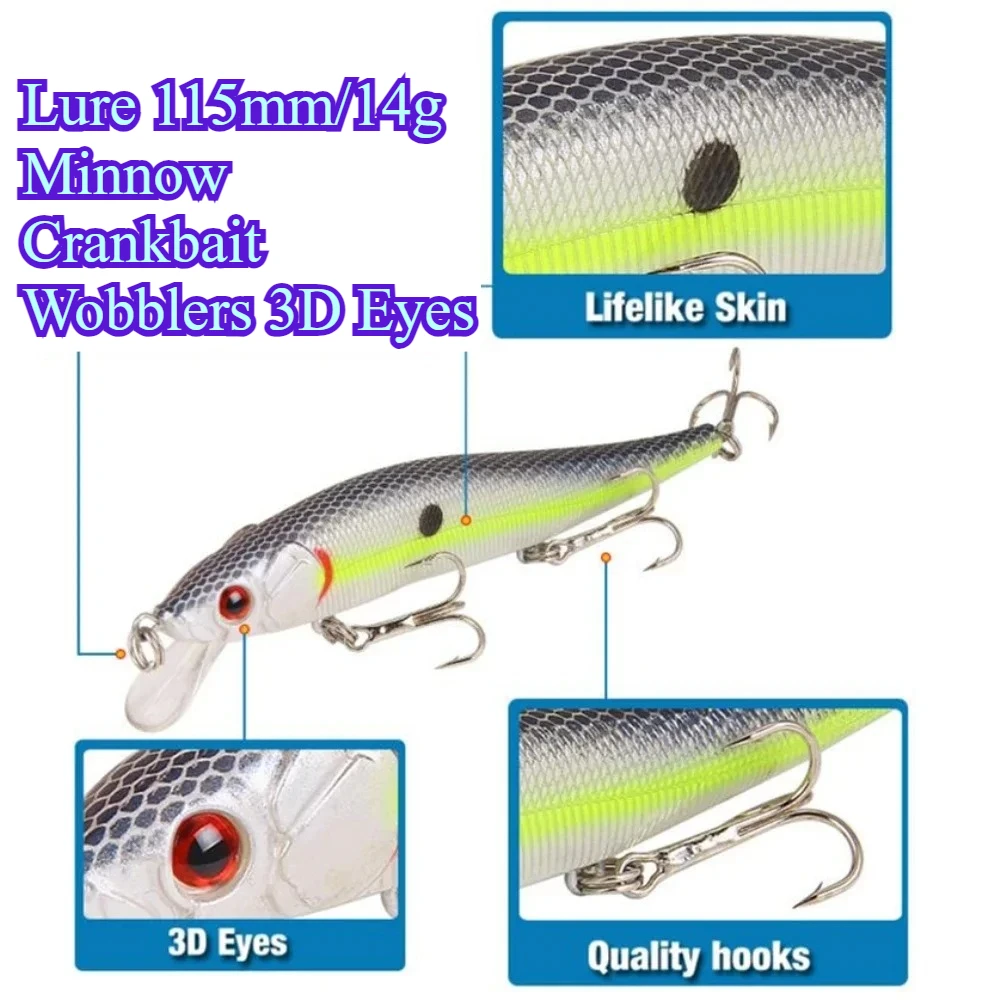 

1Pcs Fishing Lure 115mm/14g Minnow Crankbait Wobblers 3D Eyes Perch Artificial Bait Pike Carp Bait Swim Bait Fishing Pesca