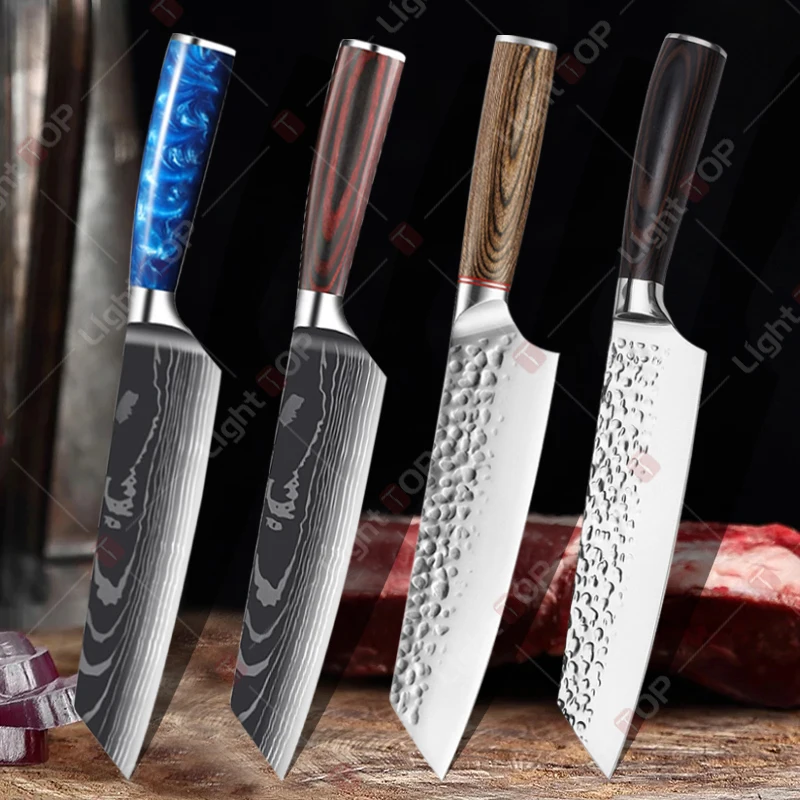 

Japanese Chef Knife Fish Meat Bread Slicer Knife Fruit Peeler Forged Hammered Boning Knife Damascus Laser Pattern Kitchen Knives