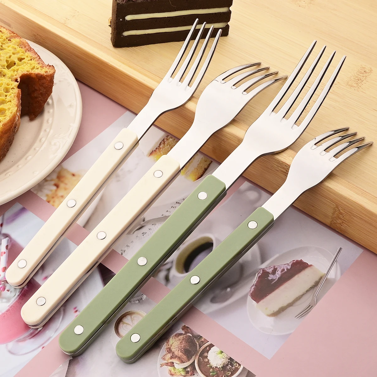 4pcs Acrylic Clip Stainless Steel Handle Fork Set Mirror Dinner Fork Tableware Western Dessert Cake Fruit Fork Kitchen Cutlery