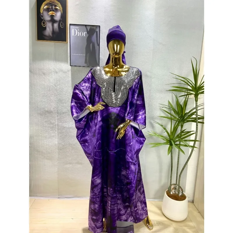 Customized New Summer Short Sleeve Robe Cotton Loose Lady Dress With Big Scarf Gold Stamping Boubou Maxi Islam Women African Aba