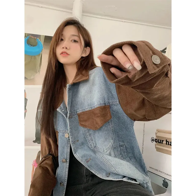 New Men Women With Same Loose Korean Autumn Retro Loose Joker Age-Reducing Stitching Tooling Buttons Denim Jacket Casual Women