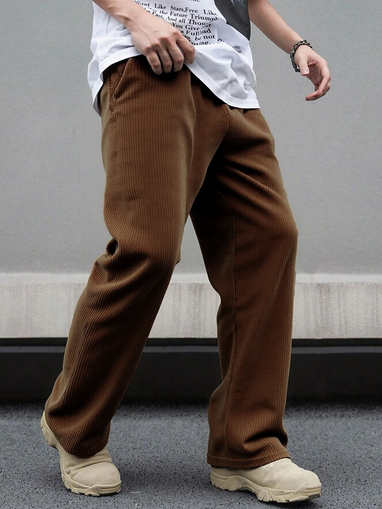 

Men Loose Fit Solid Color Drawstring Waist Pants, For Fall Men's outdoor fashionable corduroy straight leg pants