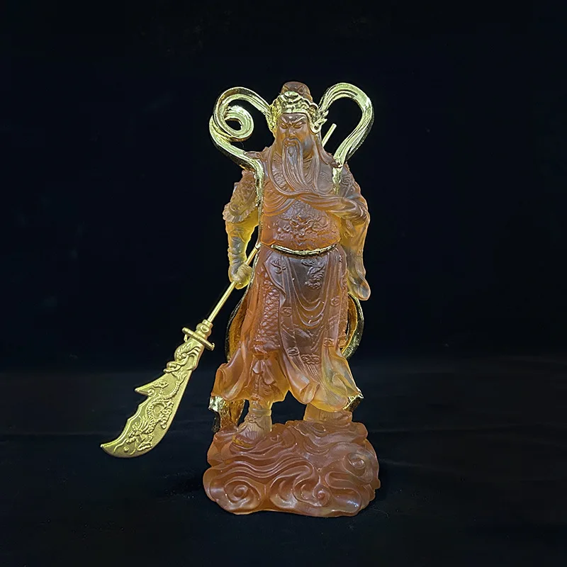 Translucent Water-Glass Weituo & Sangharama Bodhisattva Set, Hand-Gilded Resin Temple Guardians, Asian Altar Decor, 21 cm