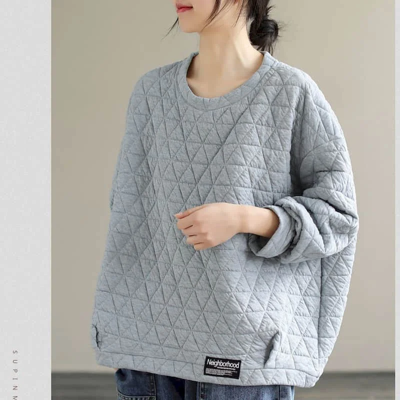 Hoodies for Women Long Sleeve Quilted Lightweight Cotton Added Vintage Aesthetic Korean Style O-neck Casual Autumn Women Tops