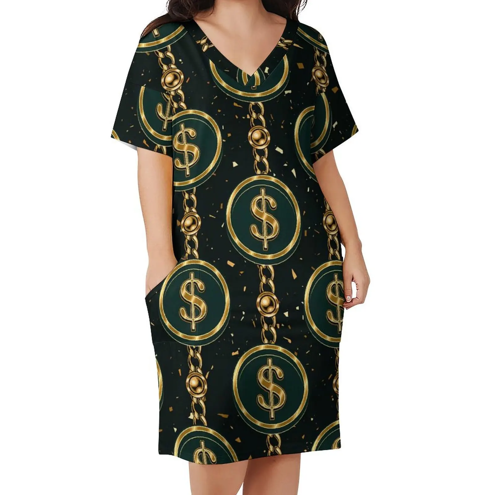 Chains And Bead Dress Short Sleeve Gold Dollar Korean Fashion Dresses Summer Modern Casual Dress Female Design Oversized Clothes