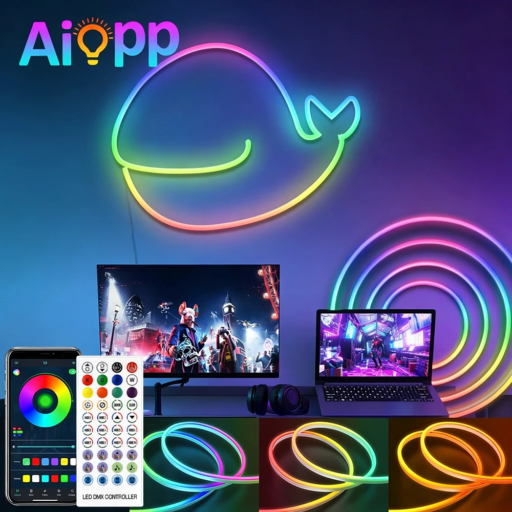 RGBIC LED Neon-Lichtstreifen mit Fernbedienung & App, 16 Millionen Farben Wasserdichte Musik-Synchronisierte Flexible Seillampe für Schlafzimmer Party Deko