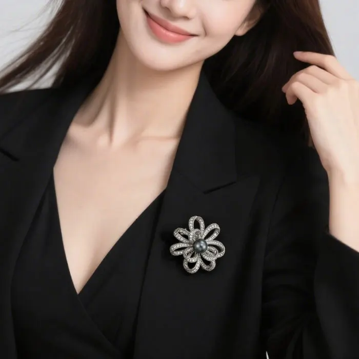 Chinese Style Lucky Auspicious Gray Pearl Flower Brooch Copper Alloy Micro Paved Zirconia Blessing Good Fortune Elegant Jewelry