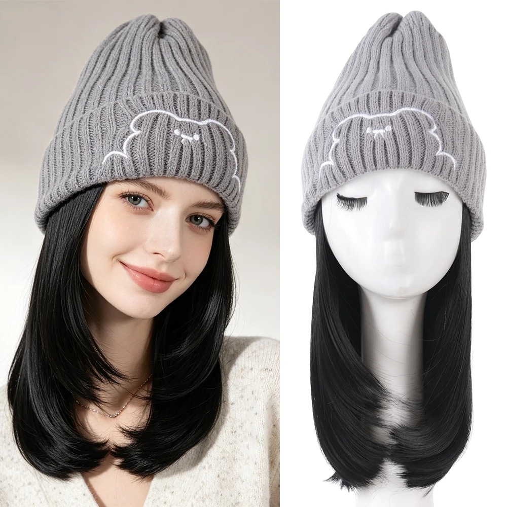 Ladies Long Straight hair Knitted Hat Wig Hat Winter Fashion Warmth Natural Synthetic All-in-one Hat Wig Extension