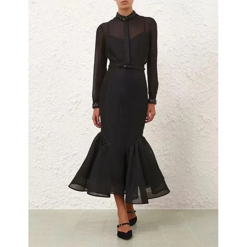 

Linen Silk Latest New High Quality Black Full Sleeve Diamonds and Pleat Ruched Mermaid Skirt Intellectual Outfit Women Set