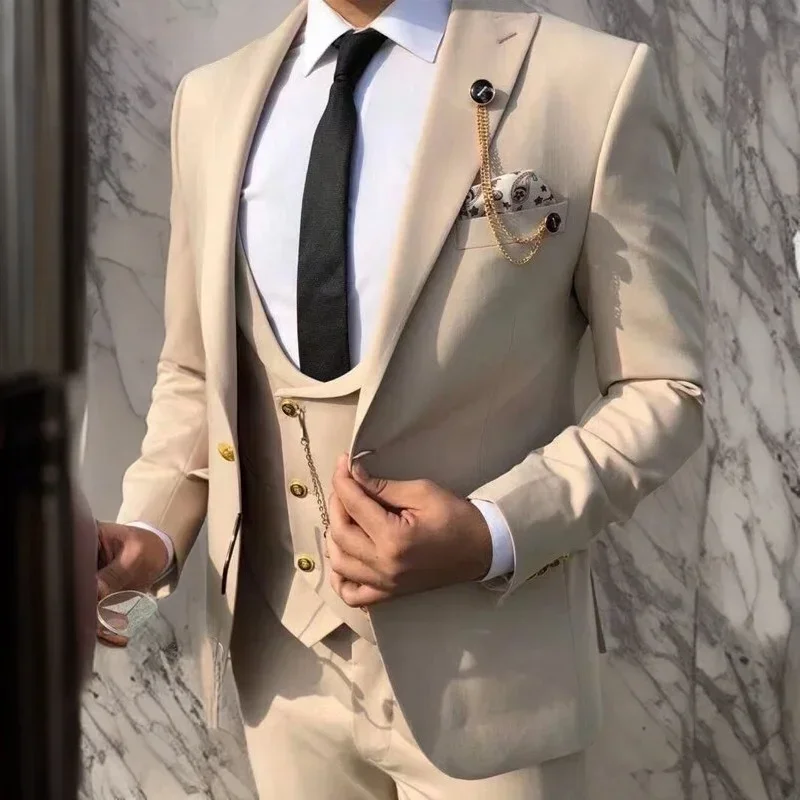 Beige Men's Suits Custom Slim Fit for Wedding 3-Piece Italian Style Groom Tuxedo Business Formal Suits