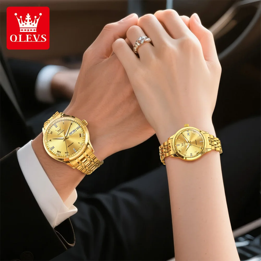 OLEVS Couple Watch Brand Luxury Gold All Automatic Mechanical Watch Elegant Romantic Date Dress Men Women Bracelet Couple Watch
