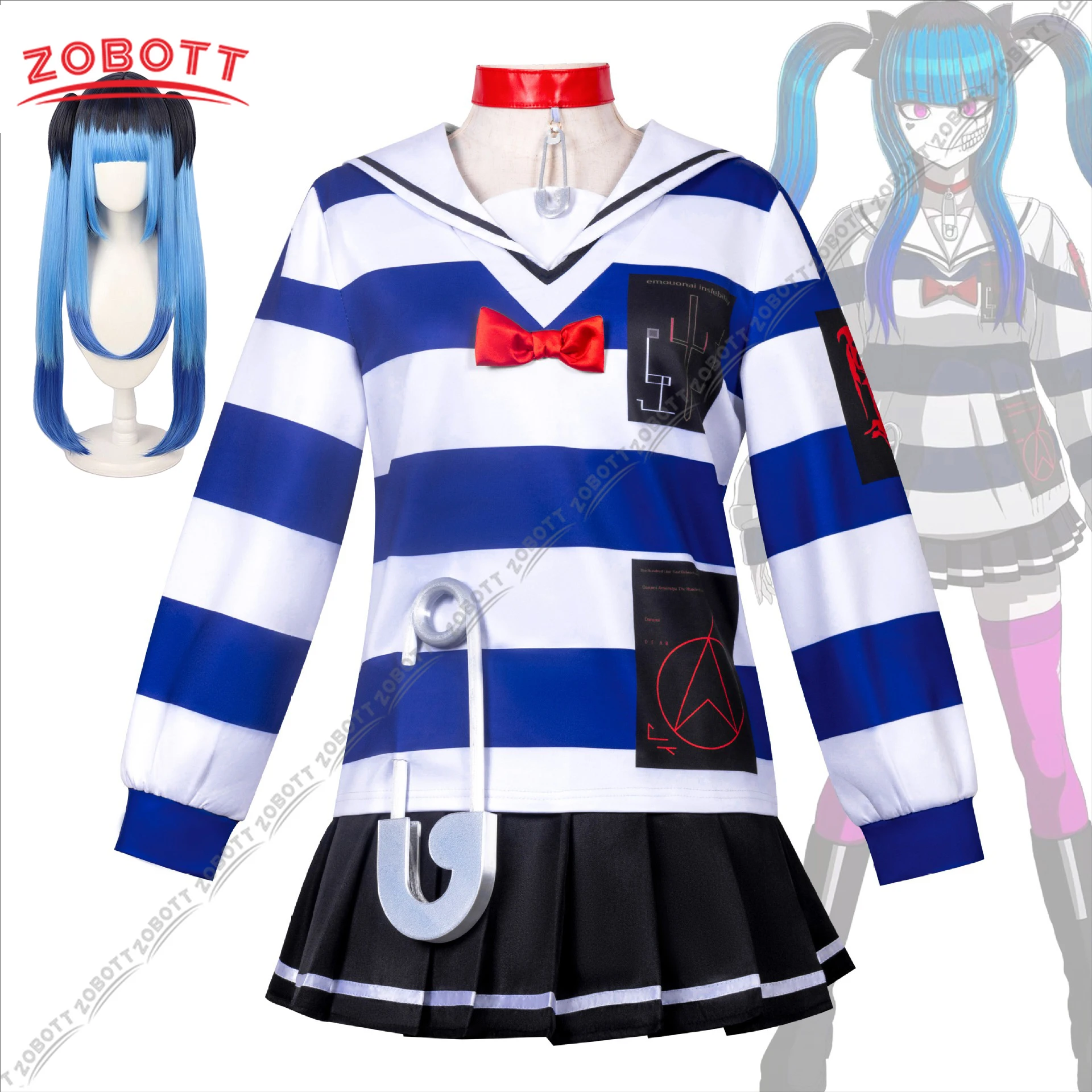 

Game The Hundred Line -Last Defense Academy Amemiya Darumi Cosplay Costume Stripe Tops JK Skirt Wig Woman Sexy Carnival Suit