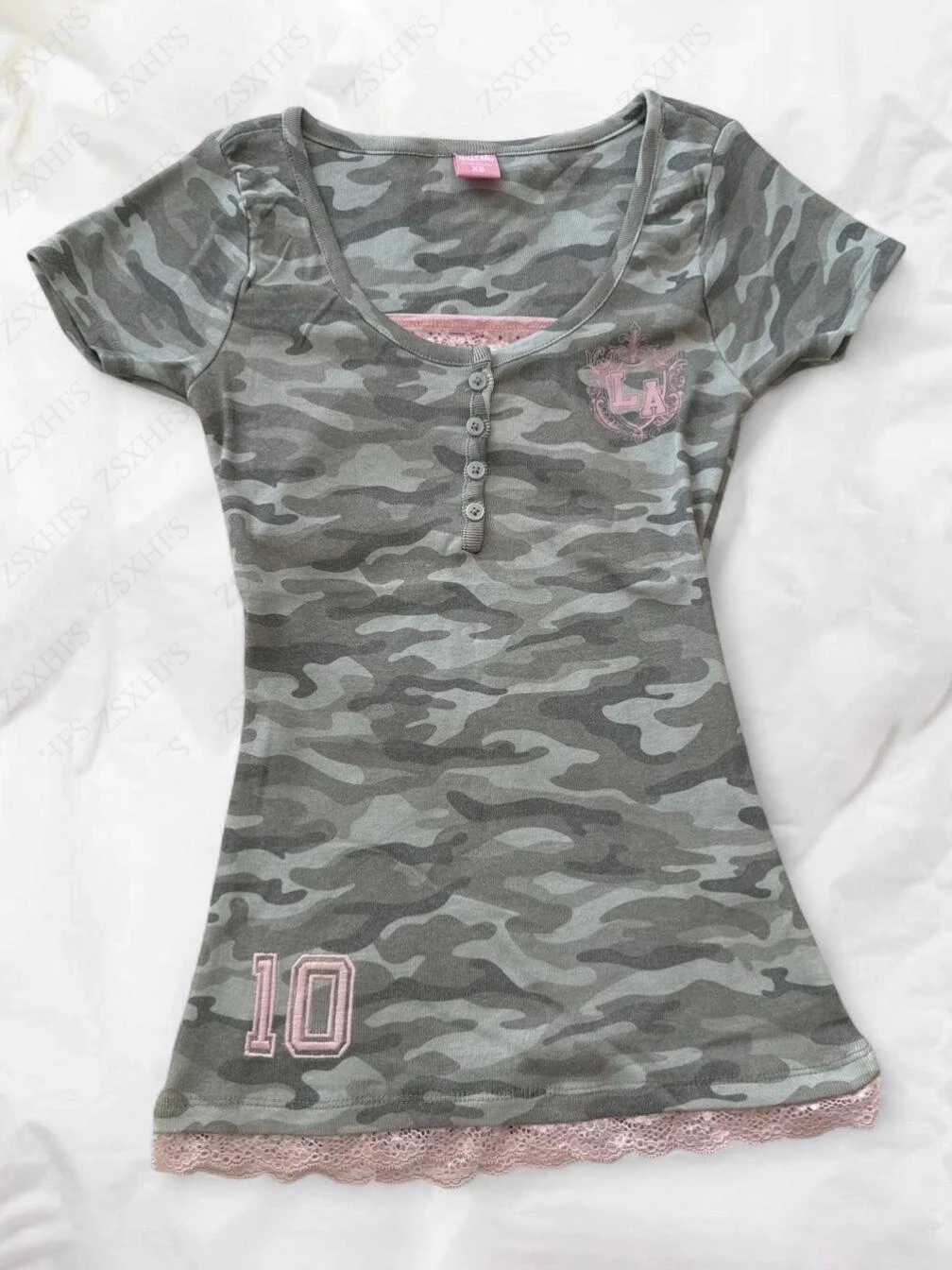 Camouflage T Shirts High Street Fashionable Daily Sexy Slim Lace Trim Short Sleeves American Style Vintage Casual Y2k Punk Tops