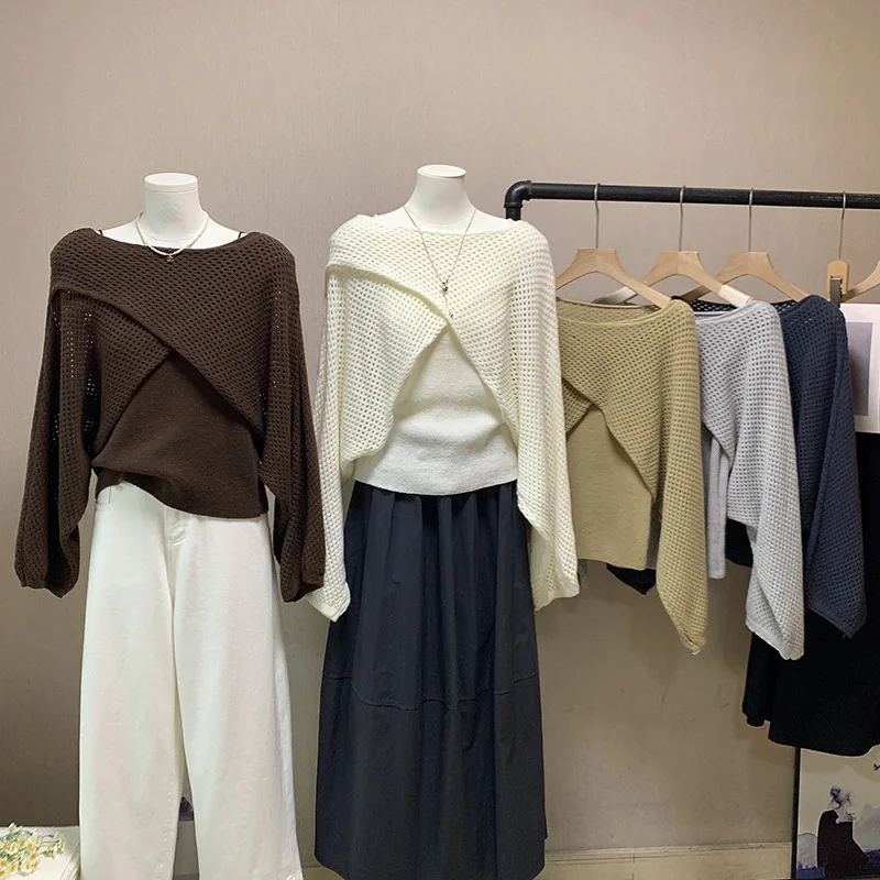

Women Knitting Two-Piece Set Solid Hollow-Out Long Sleeved Knitted Shirt+Camisole 2025 New Autumn Korean Style Female Sweaters