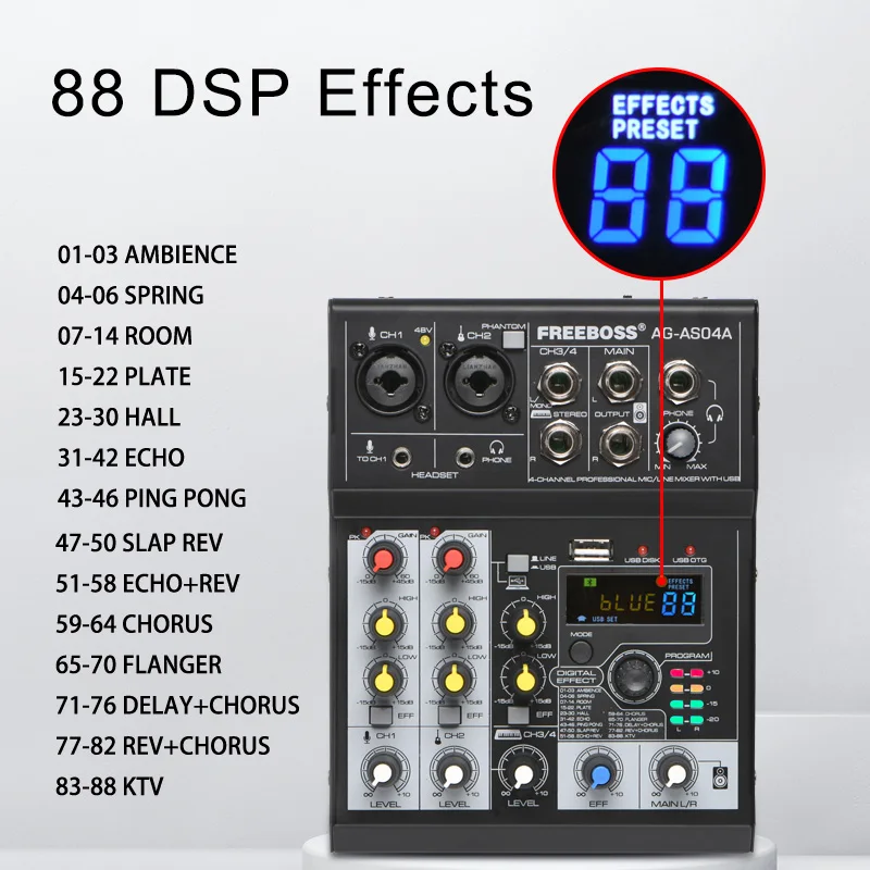 4 ช่องเครื่องผสมเสียง 88 DSP Effect USB PC Record Play แบบพกพา Dj คอนโซลผสมบลูทูธสําหรับ House Party คาราโอเกะ AG-AS04A