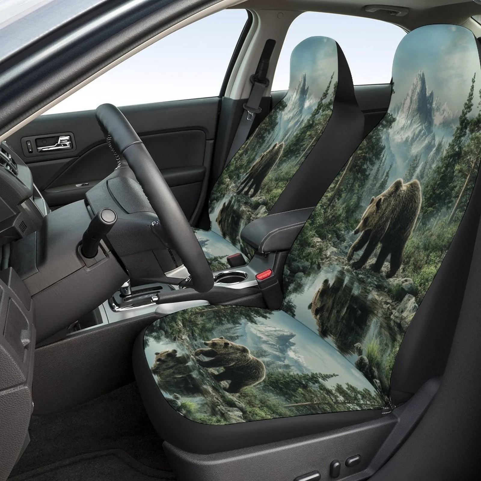 Bear In Forest Stream Themed Car Seat Cover Set - Trendy Novelty Design, Universal Fit For Most Cars, Durable Polyester, Machine