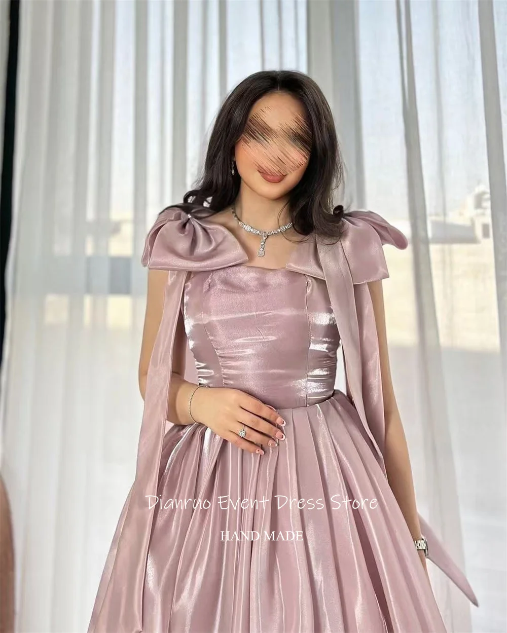 Dianruo الأورجانزا السباغيتي حزام فساتين لحضور الحفلات الموسيقية الوردي ألف خط القوس فساتين السهرة حمالة الطية أنيقة Abendkleider دبي مخصصة